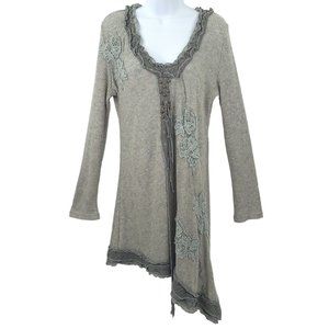 Pretty Angel Tunic Top Sweater Womens L Gray Crochet Lace Asymmetric Dress Scoop